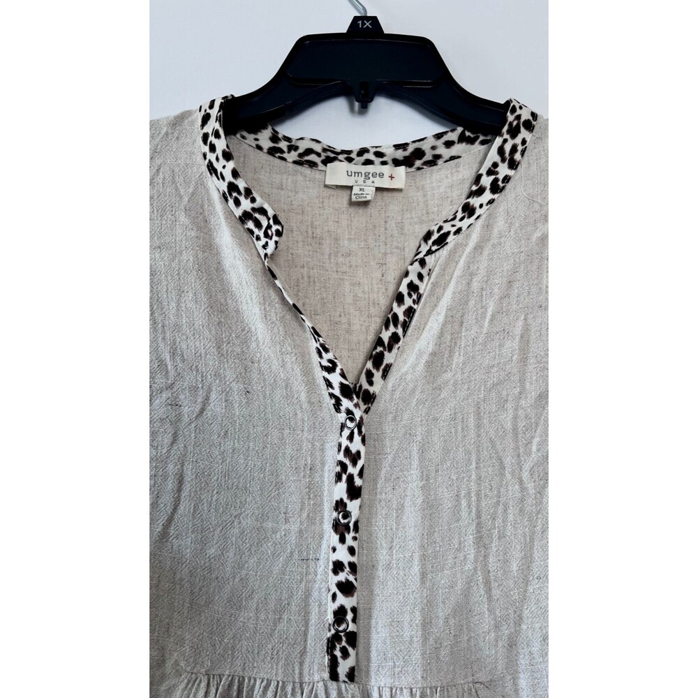 Umgee Beige Linen Blend Lagenlook Shirt Dress Animal Print Ruffle Sleeve Size XL - Picture 5 of 8